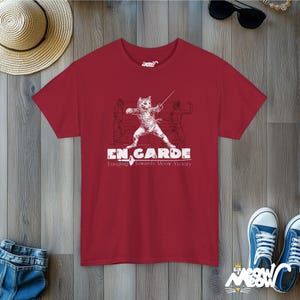 Fencing Cat Unisex Tee, Fencer Gift, Cat Lover Shirt, Sword Fighting En Garde T-Shirt Cardinal Red