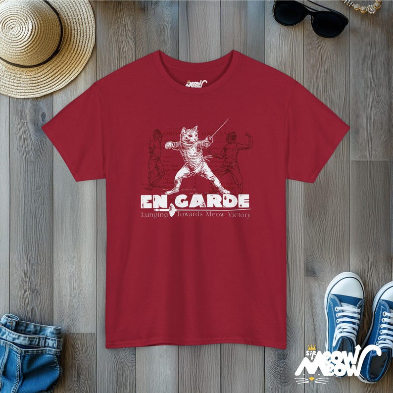 Fencing Cat Unisex Tee, Fencer Gift, Cat Lover Shirt, Sword Fighting En Garde T-Shirt Cardinal Red