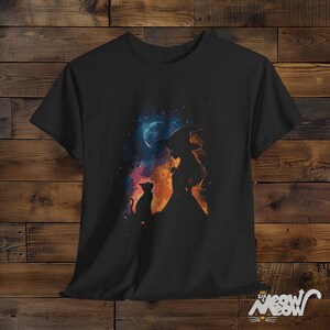 Mystical Witch and Cat T-Shirt - Halloween Witchy Vibes Tee - Cosmic Cat Lover Gift Black