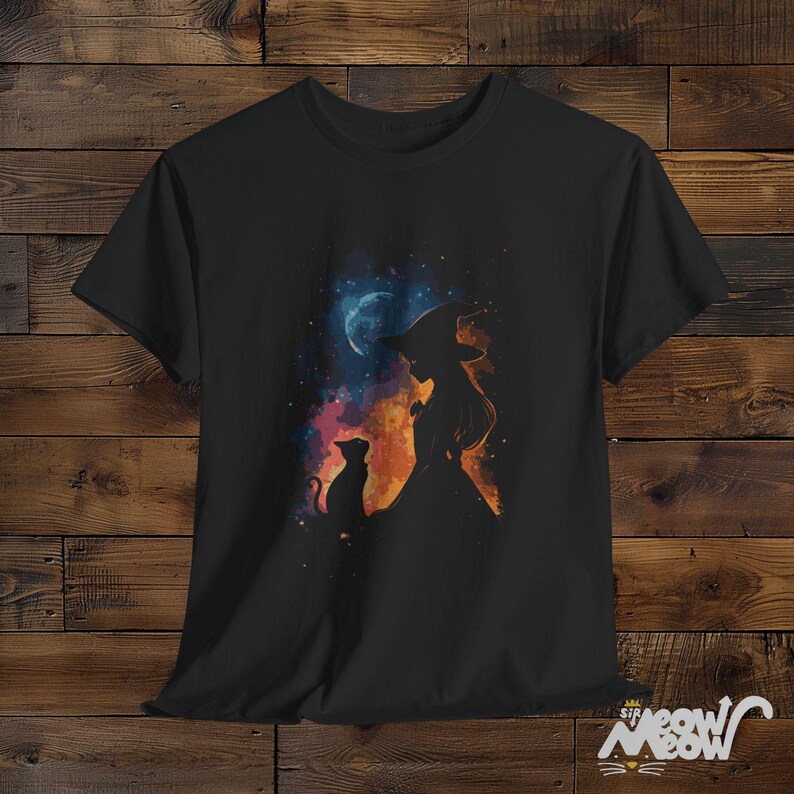 Mystical Witch and Cat T-Shirt - Halloween Witchy Vibes Tee - Cosmic Cat Lover Gift Black