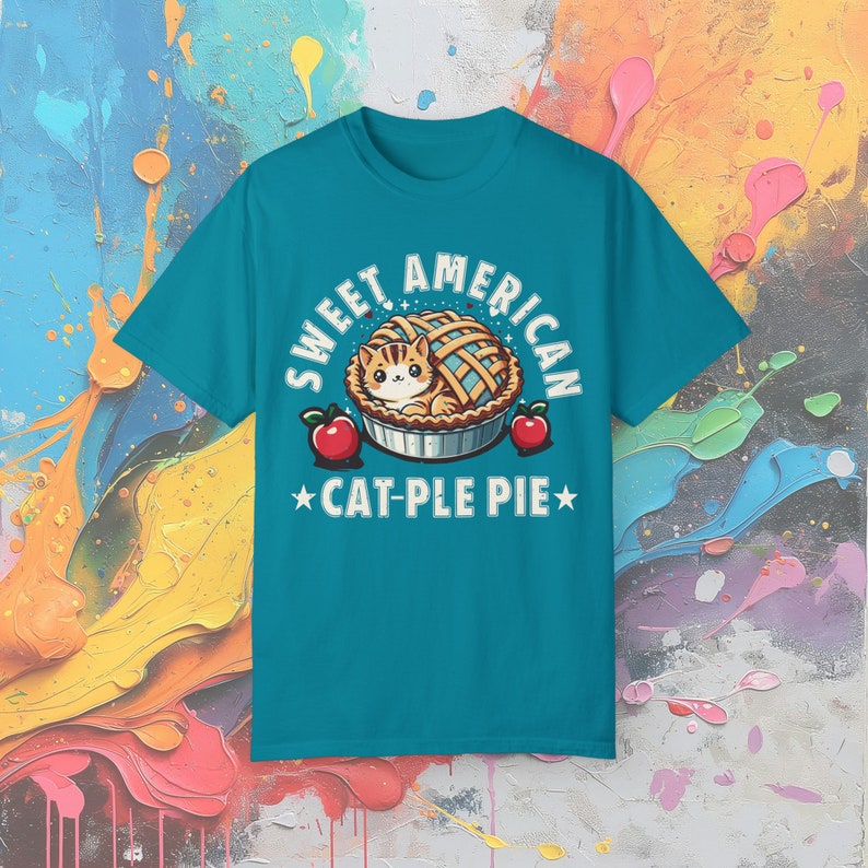Comfort Colors Apple Pie Cat T-Shirt, Foodie Tee Topaz Blue