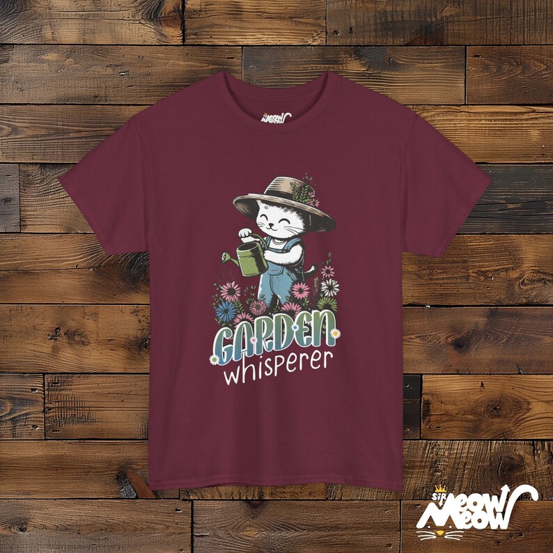 Cute Cat Gardener T-shirt in Maroon Color