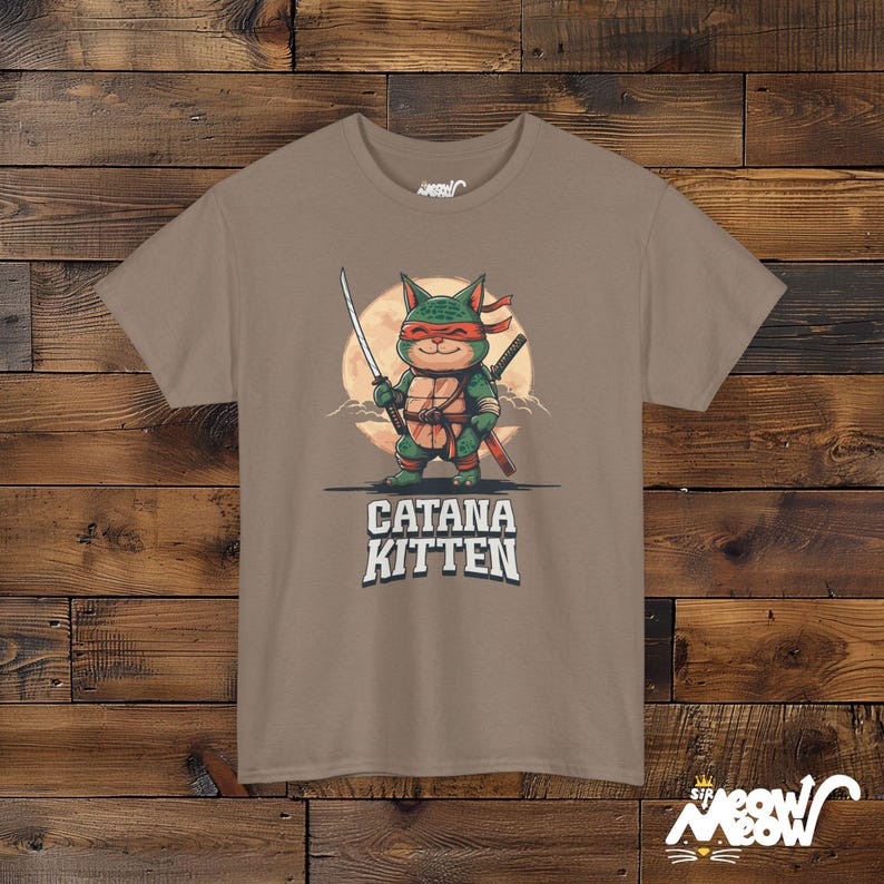 Ninja Cat T-Shirt, Samurai Kitten Graphic, Funny Cat Lover Gift Brown Savana