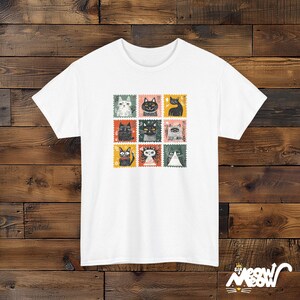 Retro Stamp Cat Grid T-Shirt: Kawaii Nine Cats Graphic White