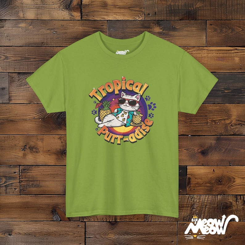 Tropical Cat T-Shirt: Funny Beach Purr-adise Tee Kiwi
