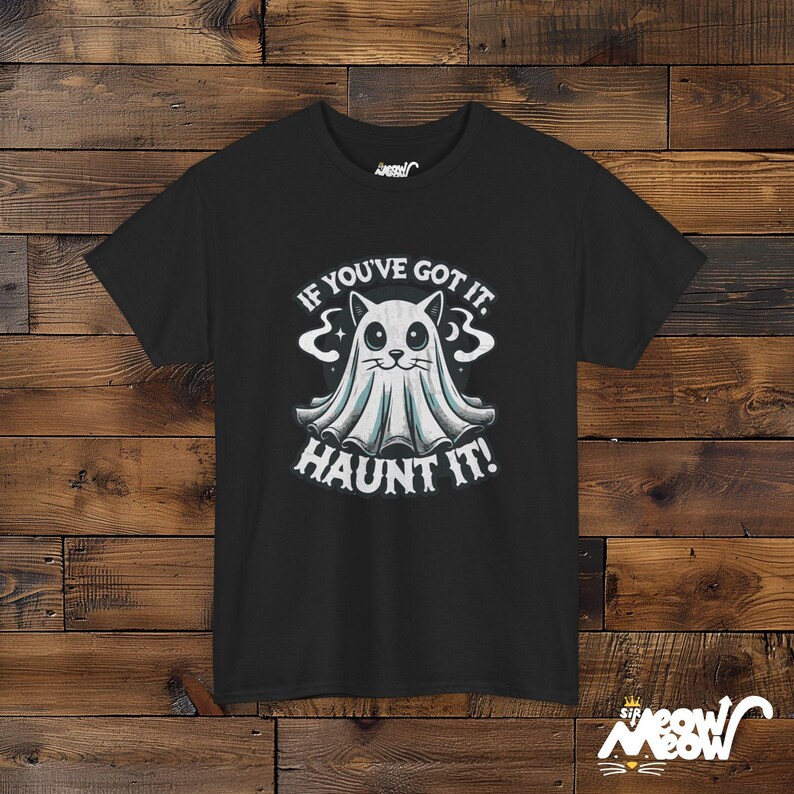 ゴーストキャットのハロウィンTシャツ、猫好きのための不気味なユニセックスシャツ Black