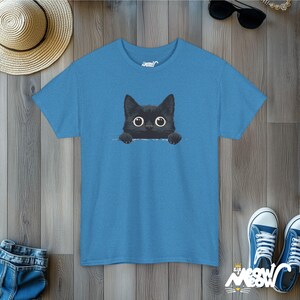 Peekaboo Black Cat T-Shirt: Minimalist Feline Tee Heather Sapphire
