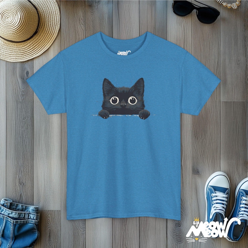 Peekaboo Black Cat T-Shirt: Minimalist Feline Tee Heather Sapphire
