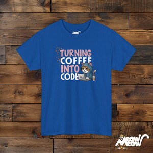 Turning Coffee Into Code Cat Programmer T-Shirt - Funny Gift for Coders and Coffee Lovers Royal