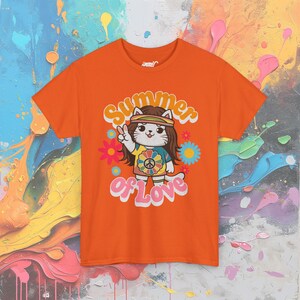 Hippie Cat T-Shirt: 60s Flower Power Groovy Tee Orange