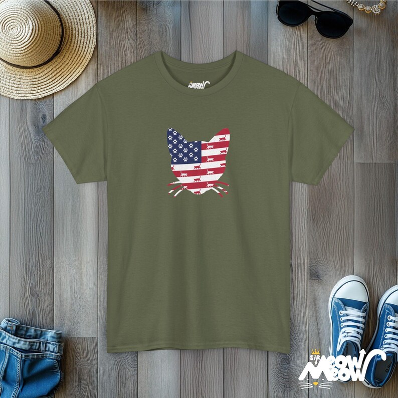 Patriotic Cat T-Shirt: USA Flag 4th of July Tee Military Green