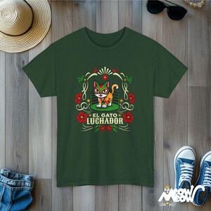 El Gato Luchador Tee: Mexican Cat Lover T-Shirt Forest Green