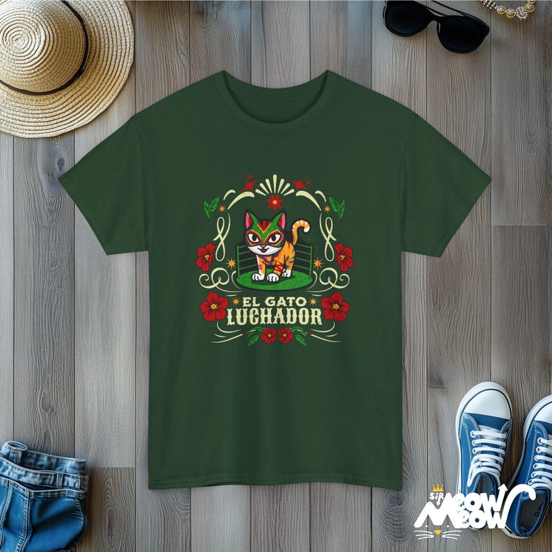 El Gato Luchador Tee: Mexican Cat Lover T-Shirt Forest Green