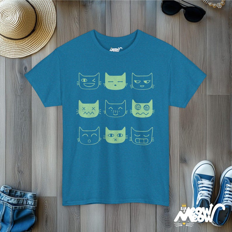 Funny Cat Expressions T-Shirt: Cat Lover Graphic Tee Antique Sapphire