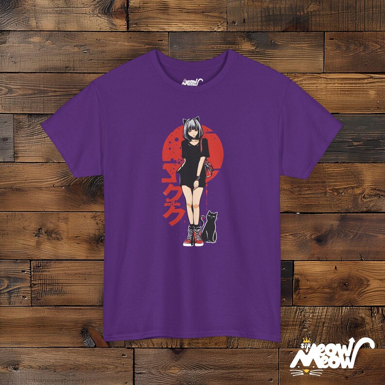 Anime Cat Girl T-Shirt: Japanese Streetwear, Neko Tee Purple