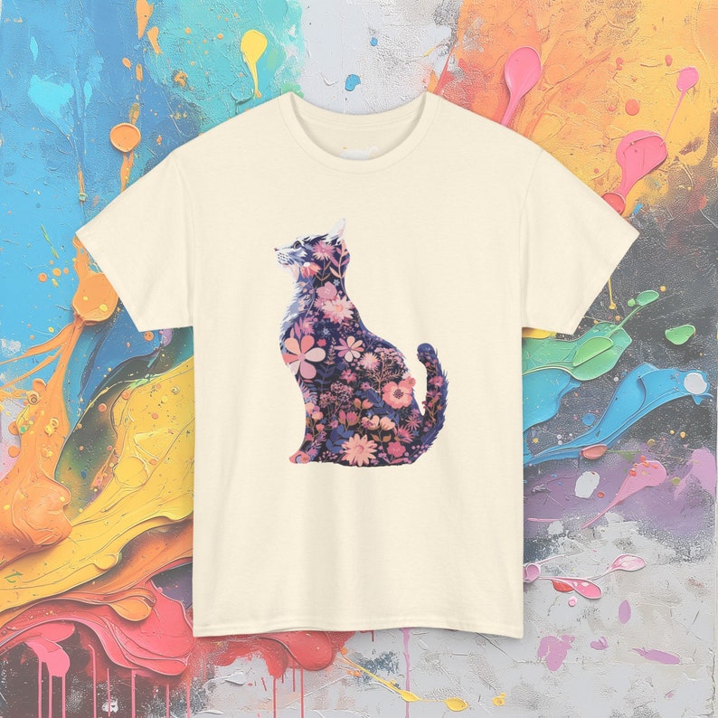 Floral Cat Silhouette T-Shirt: Feminine Cottagecore Graphic Tee Natural