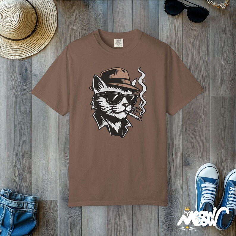 Cool Cat Fedora T-Shirt, Smoking Cat Lover Gift, Comfort Colors Unisex Tee Espresso