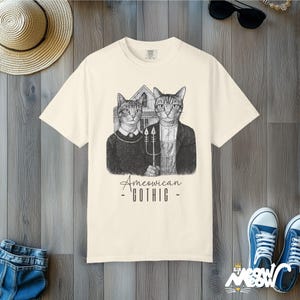 Ameowican Gothic Cat T-Shirt: Funny Art Parody Comfort Colors Tee Ivory