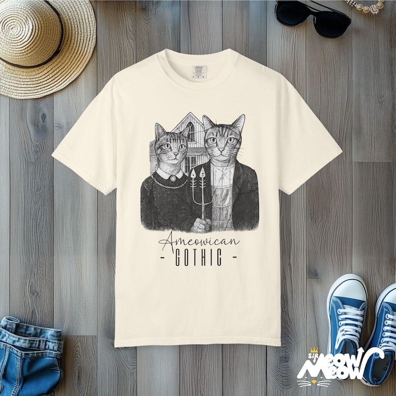 Ameowican Gothic Cat T-Shirt: Funny Art Parody Comfort Colors Tee Ivory