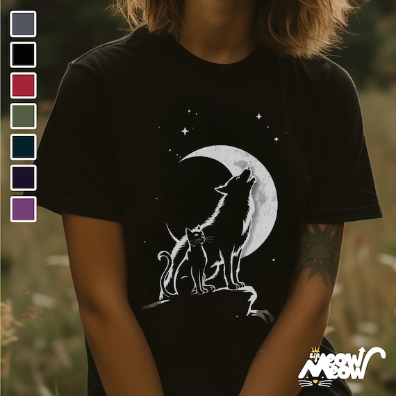 Cat & Wolf Moon T-Shirt | Enchanting Night Silhouette Tee | Unique Animal Lover Gift