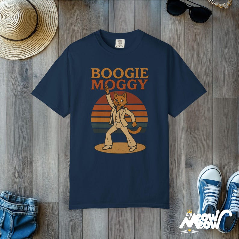 Boogie Moggy Disco Cat T-Shirt: Retro 70s Comfort Colors Tee True Navy
