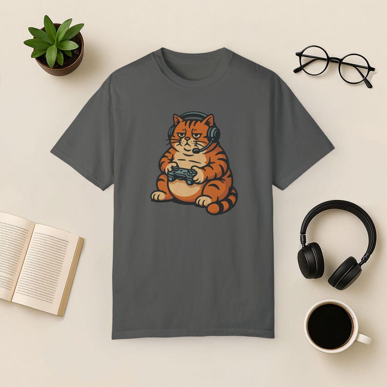 Camiseta Gamer Cat Comfort Colors: Divertida camiseta de videojuegos con un gato perezoso Pepper