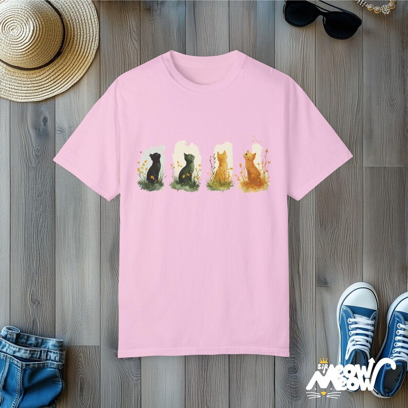 Watercolor Four Seasons Cat T-Shirt - Comfort Colors Unisex Tee Blossom