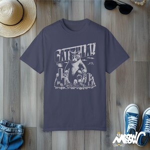 Funny Catzilla Cat T-Shirt: Comfort Colors Unisex Tee Denim