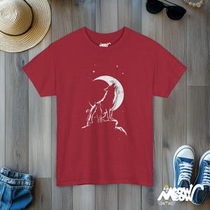 Cat & Wolf Moon T-Shirt | Enchanting Night Silhouette Tee | Unique Animal Lover Gift Antique Cherry Red