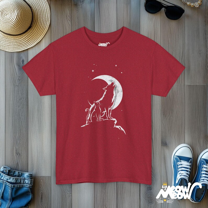 Cat & Wolf Moon T-Shirt | Enchanting Night Silhouette Tee | Unique Animal Lover Gift Antique Cherry Red