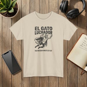 El Gato Luchador Mexican Wrestler Cat Graphic T-Shirt Black Cotton Tee image 4