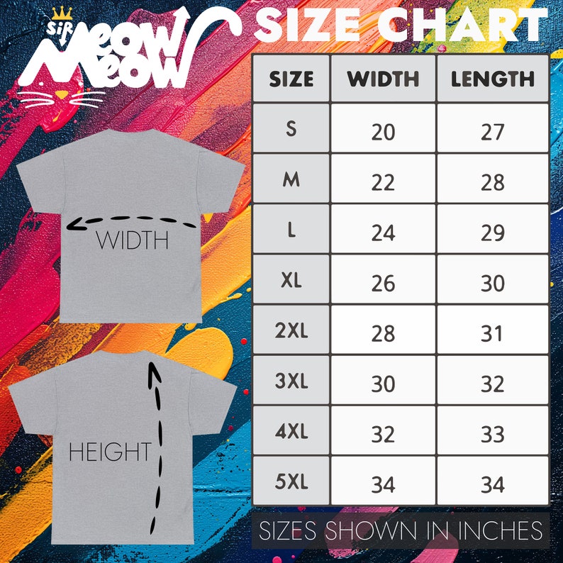 May include: Size chart for a t-shirt with measurements in inches for width and length. Sizes range from S to 5XL.