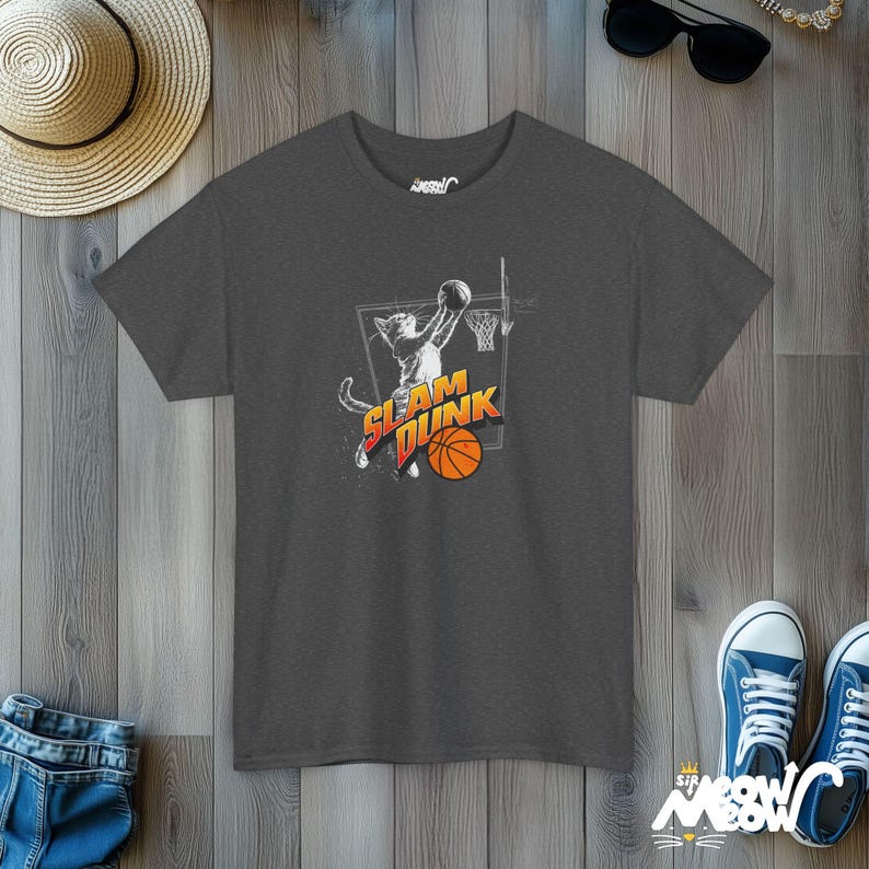 Slam Dunk Cat T-Shirt: Basketball Fan Gift Dark Heather