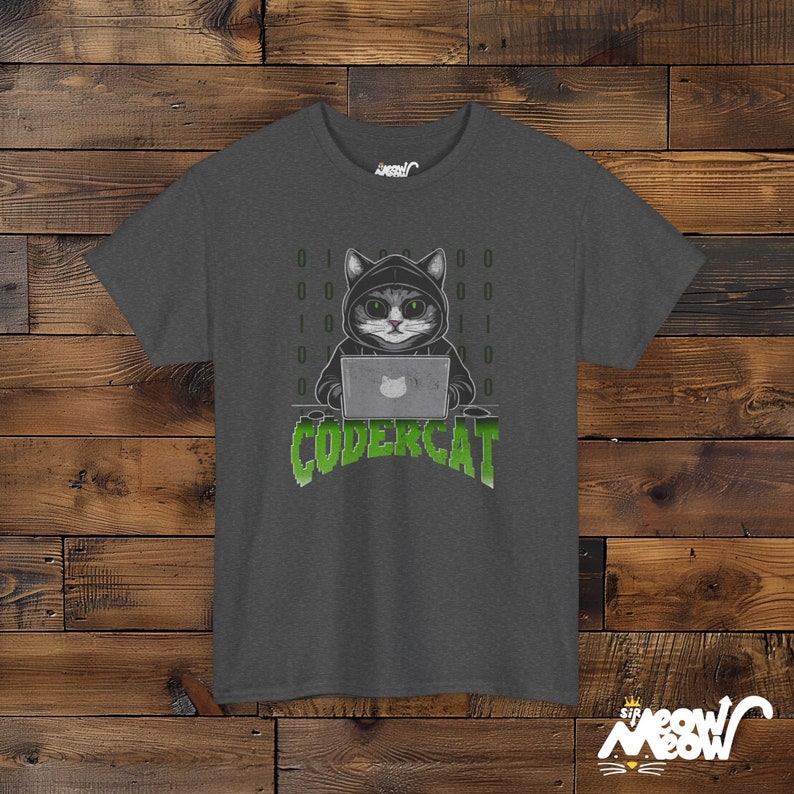 Coder Cat T-Shirt: Tech Geek Programmer Gift Dark Heather