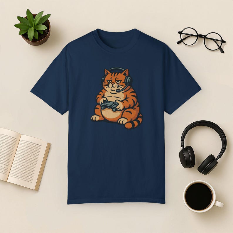 Camiseta Gamer Cat Comfort Colors: Divertida camiseta de videojuegos con un gato perezoso True Navy
