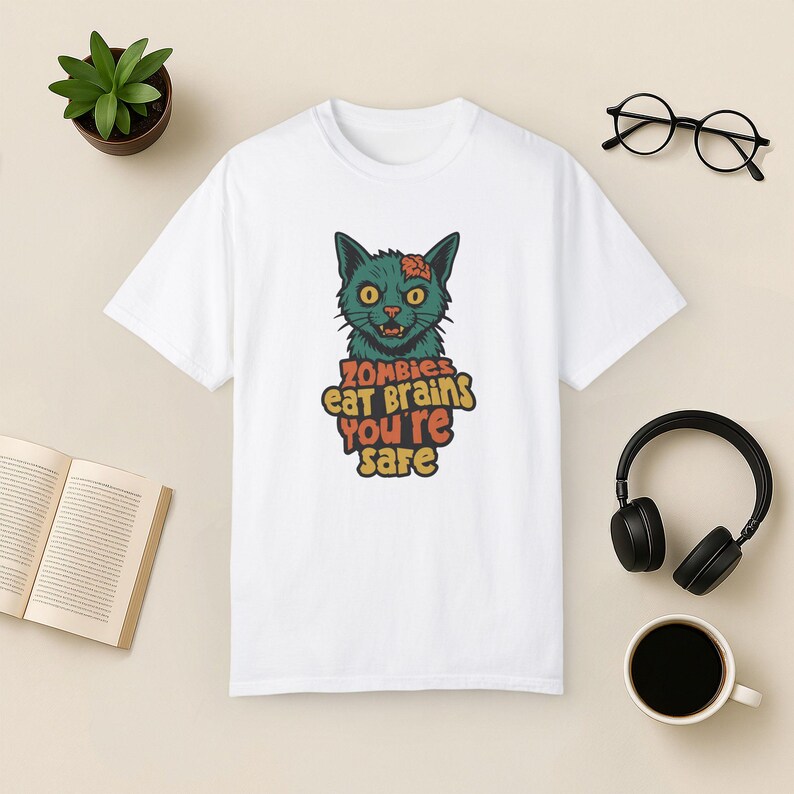 Zombie Cat Comfort Colors T-shirt: Rolig Halloween-tröja White