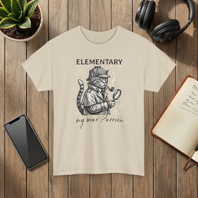Elementary Cat Detective T-Shirt My Dear Purrson Vintage Style Graphic Tee Sand