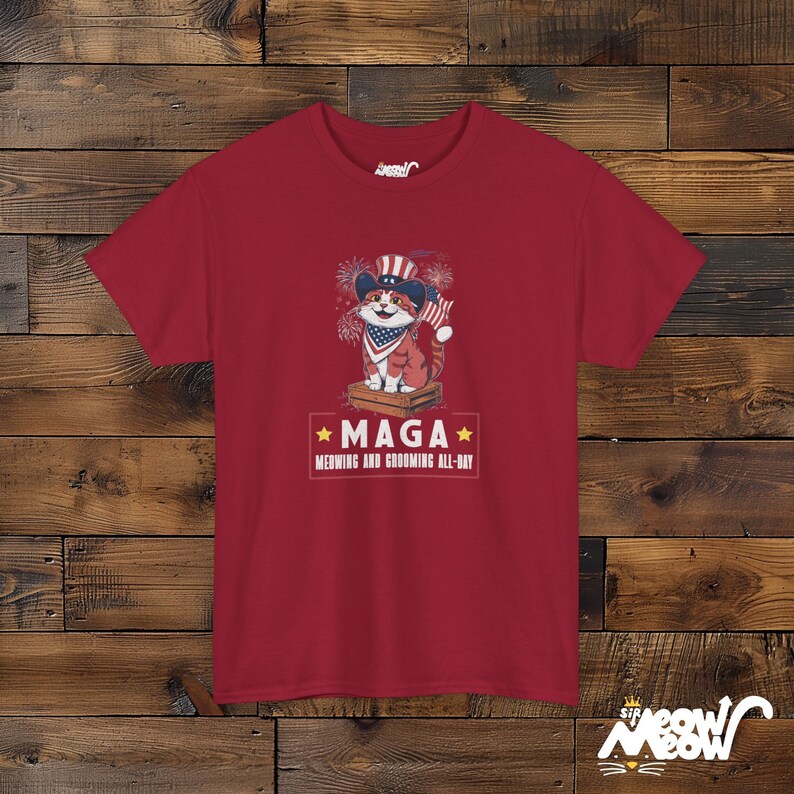 Patriotic Cat T-Shirt: Funny MAGA Meowing Design, Unisex Tee Cardinal Red