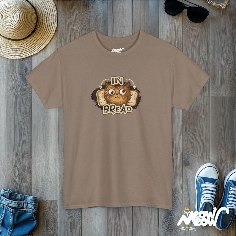 In Bread Cat T-Shirt | Funny Breading Kitty Design | Quirky Gift for Cat Lovers Brown Savana