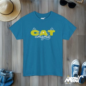 Cat Mama T-Shirt, Whisker Heart Design, Feline Parent Tee Antique Sapphire
