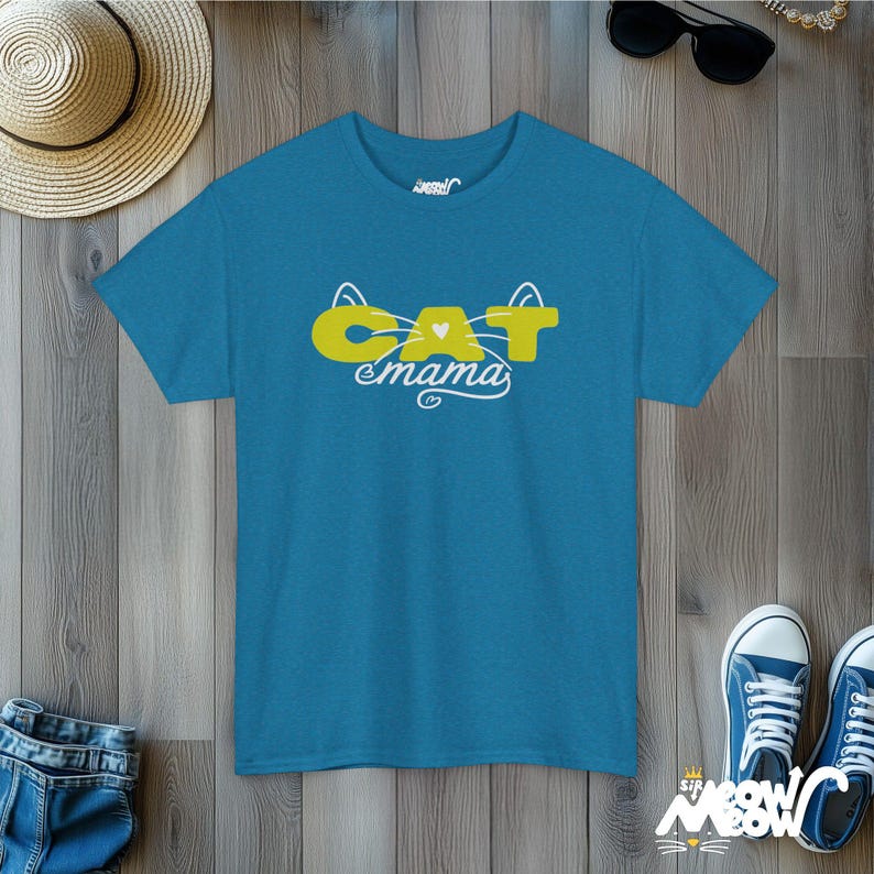 Cat Mama T-Shirt, Whisker Heart Design, Feline Parent Tee Antique Sapphire