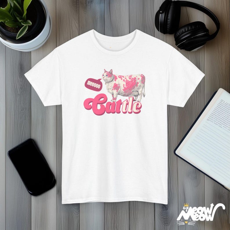 Cattle Cat T-Shirt, Funny Cow Print Cat Tee, Animal Lover Gift White