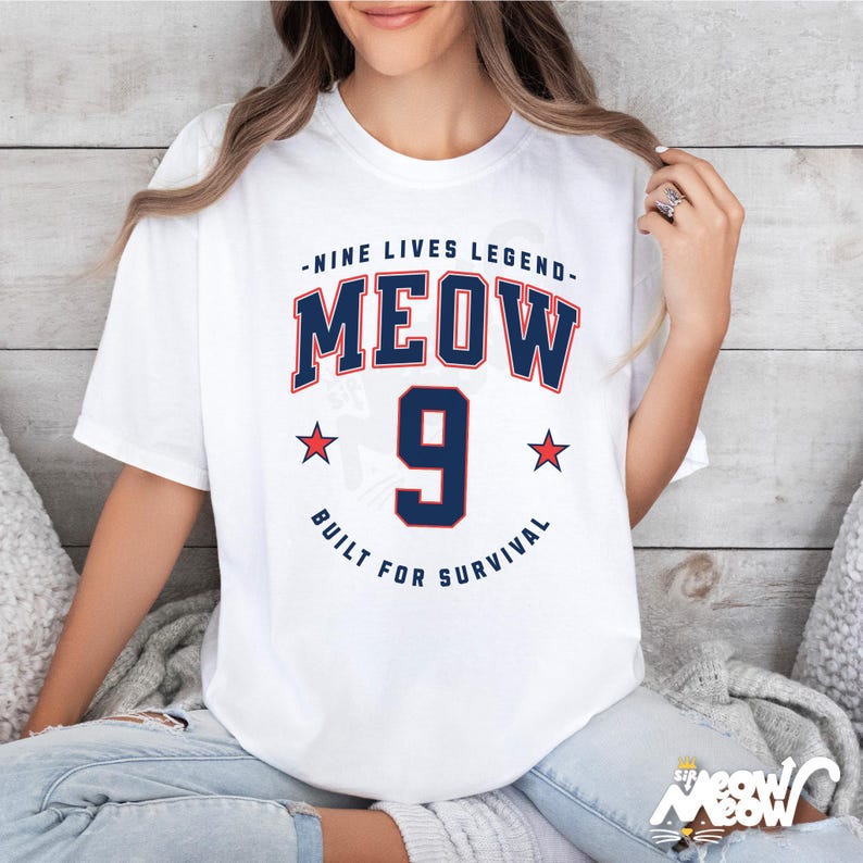 MEOW 9 Cat T-Shirt: Funny Comfort Colors Tee, Cat Lover Gift White