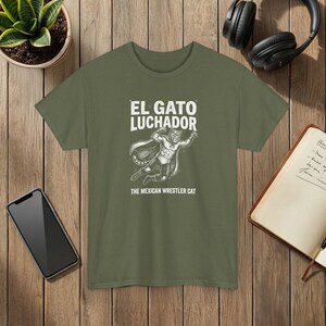 El Gato Luchador Mexican Wrestler Cat Graphic T-Shirt Black Cotton Tee image 5