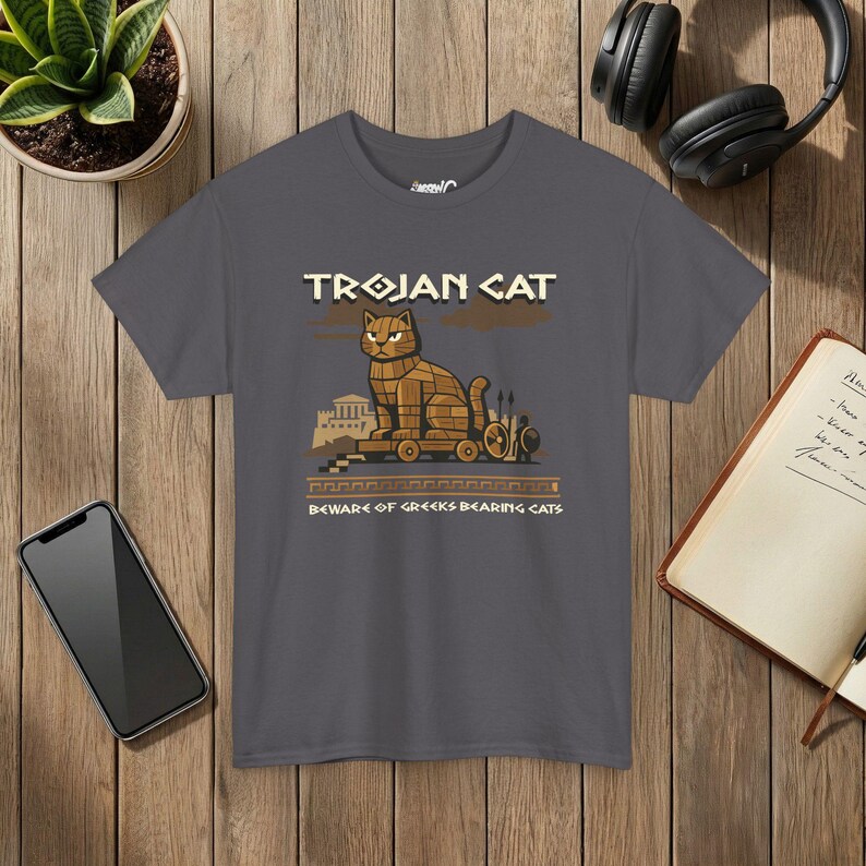 Trojan Cat Shirt, Funny Greek Mythology History Tee, Ancient Greece Cat Lover Gift Charcoal
