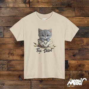 Kitten in Teacup T-Shirt – Funny Cat Lover Graphic Tee Sand
