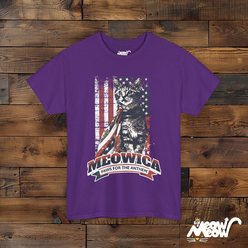 Meowica Cat T-Shirt: Patriotic 4th of July Kitten Tee Purple