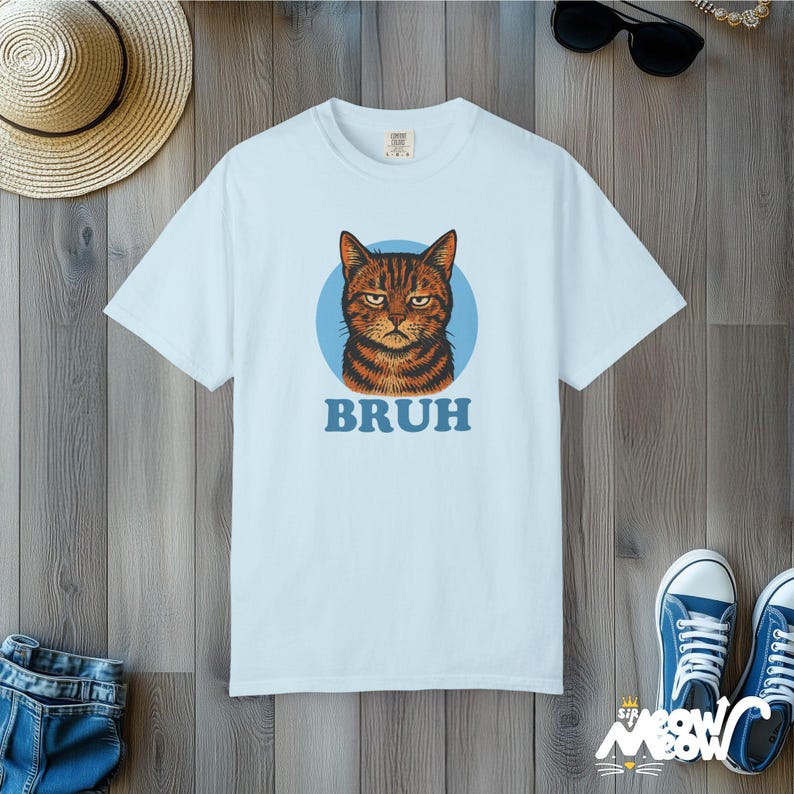 Bruh Cat Meme T-Shirt: Sarcastic Comfort Colors Tee Chambray