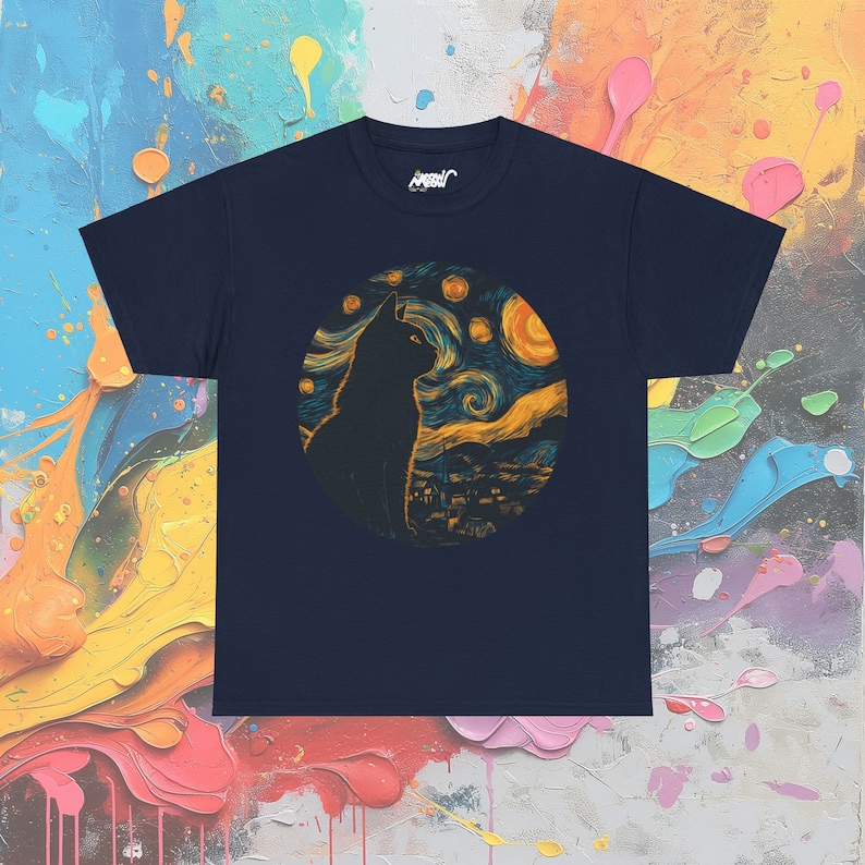 T-shirt chat nuit étoilée : t-shirt artistique inspiré de Van Gogh Navy