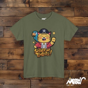 Pirate Cat Graphic T-Shirt, Shiver Me Timbers Tee Military Green